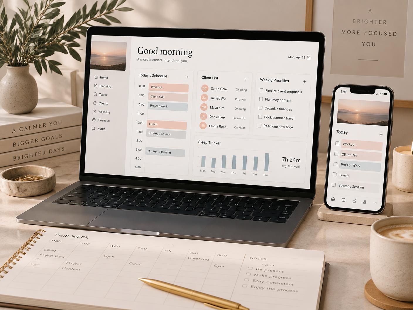 Working Mom VA digital planning system on a laptop and phone